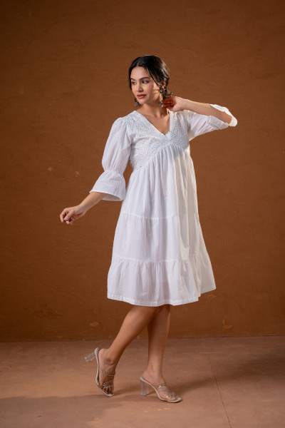 White Cotton Fit &amp; Flare  Midi Dress