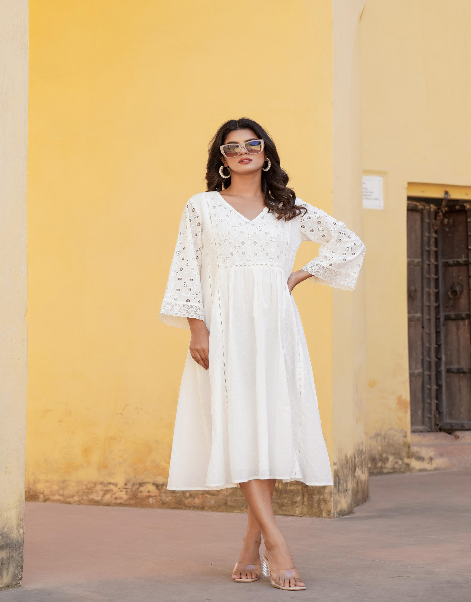 White Solid Cotton Long Dress With Lace