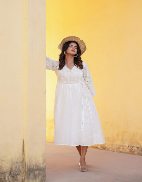 White Solid Cotton Long Dress With Lace