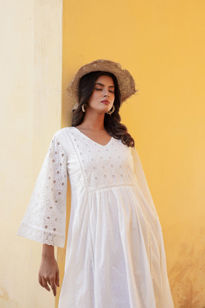 White Solid Cotton Long Dress With Lace