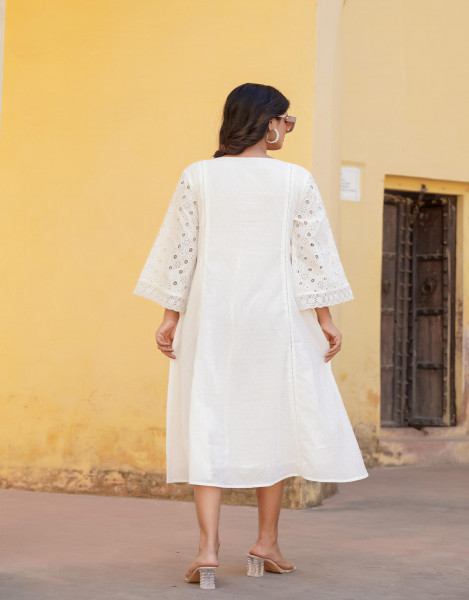 White Solid Cotton Long Dress With Lace
