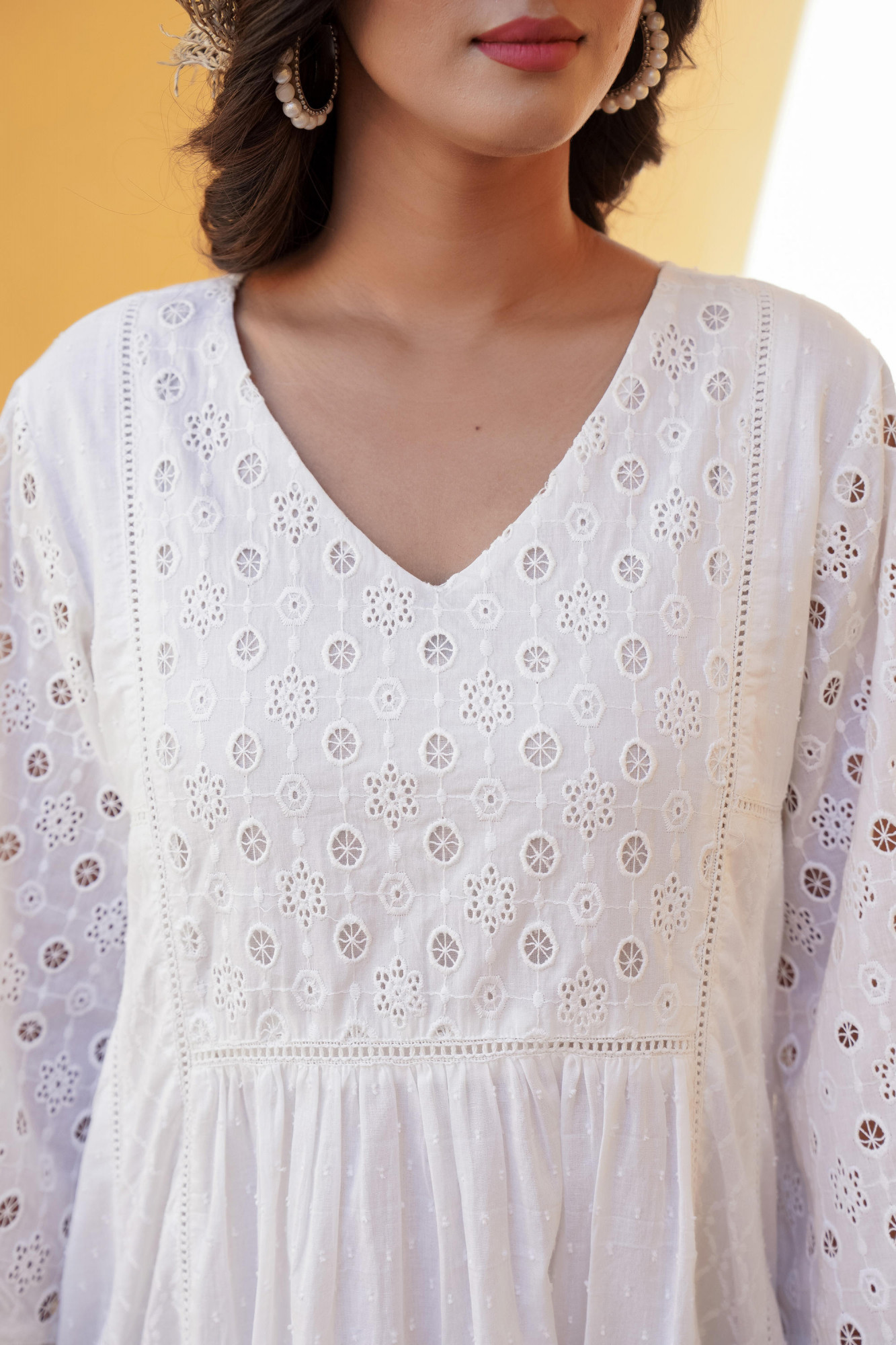 White Solid Cotton Long Dress With Lace