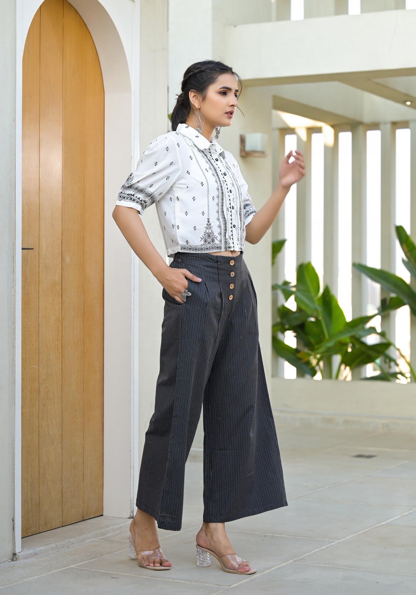 Black Ethnic Motif Printed Viscose Top & Pant Set With Button Details