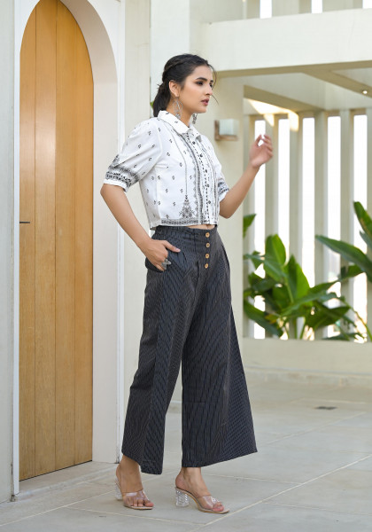 Black Ethnic Motif Printed Viscose Top & Pant Set With Button Details