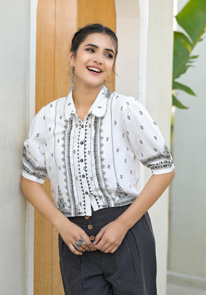 Black Ethnic Motif Printed Viscose Top & Pant Set With Button Details