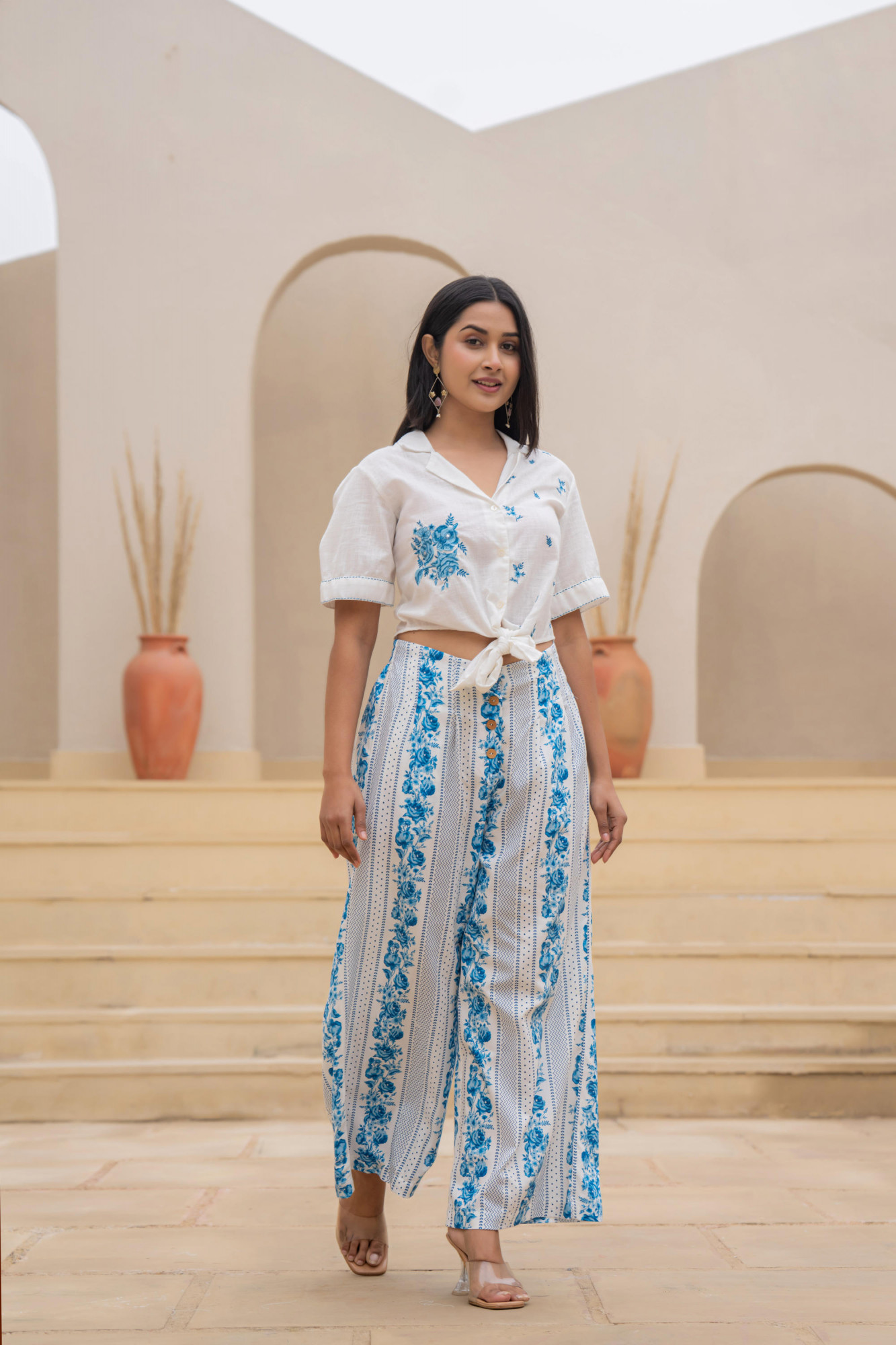 Blue Floral Printed Cotton Top & Palazzo Set With Thread & Mirror Work