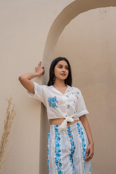 Blue Floral Printed Cotton Top & Palazzo Set With Thread & Mirror Work