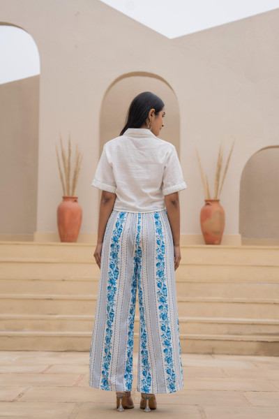 Blue Floral Printed Cotton Top & Palazzo Set With Thread & Mirror Work