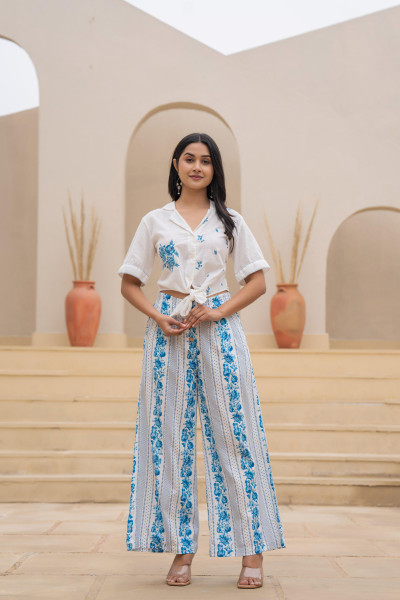 Blue Floral Printed Cotton Top & Palazzo Set With Thread & Mirror Work