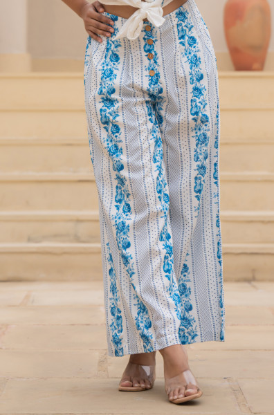 Blue Floral Printed Cotton Top & Palazzo Set With Thread & Mirror Work