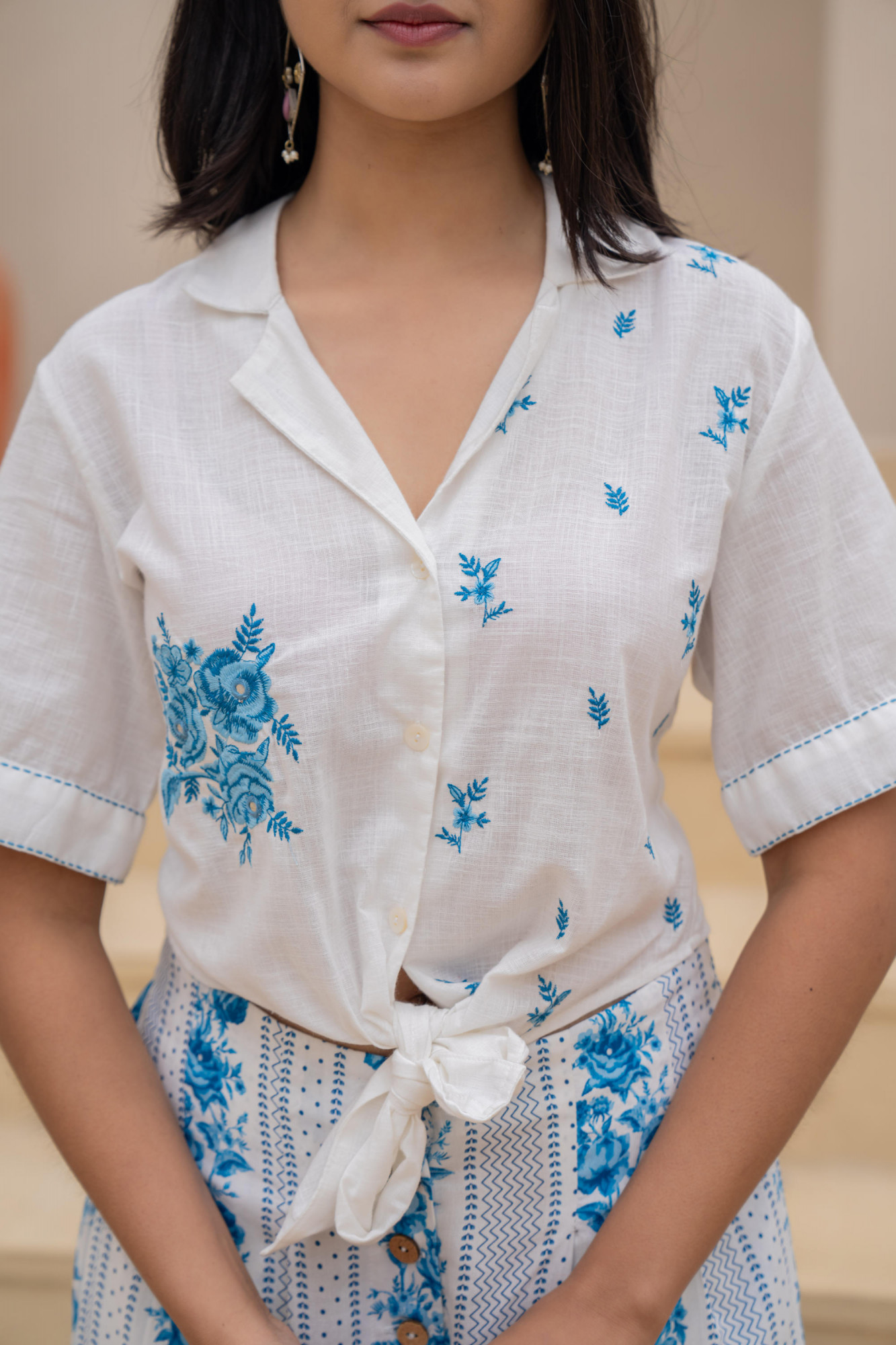 Blue Floral Printed Cotton Top & Palazzo Set With Thread & Mirror Work