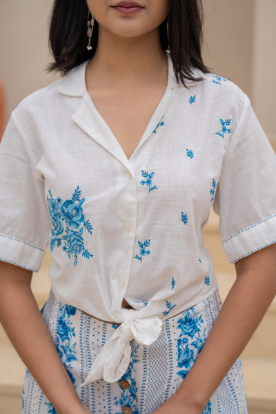 Blue Floral Printed Cotton Top & Palazzo Set With Thread & Mirror Work