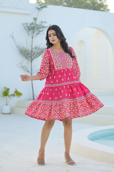 Pink Ethnic Motif Printed Cotton Short Dress With Sequins & Beads