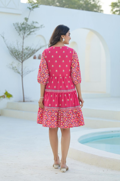 Pink Ethnic Motif Printed Cotton Short Dress With Sequins & Beads