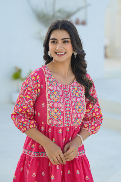 Pink Ethnic Motif Printed Cotton Short Dress With Sequins & Beads