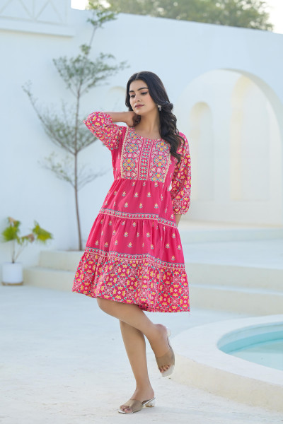 Pink Ethnic Motif Printed Cotton Short Dress With Sequins & Beads
