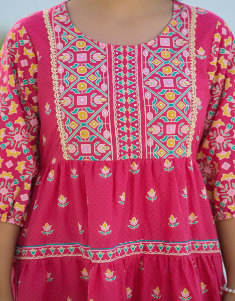 Pink Ethnic Motif Printed Cotton Short Dress With Sequins & Beads
