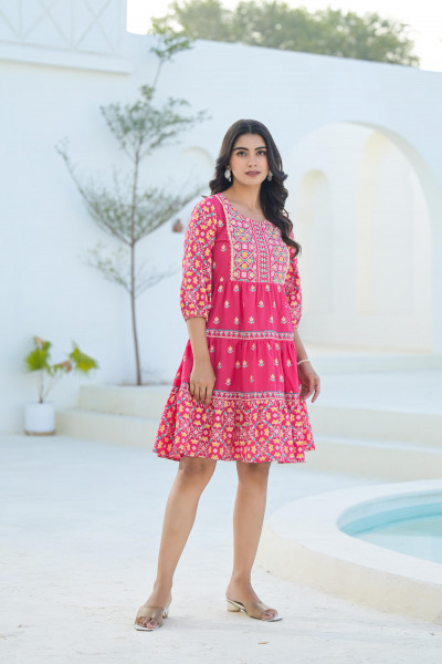 Pink Ethnic Motif Printed Cotton Short Dress With Sequins & Beads