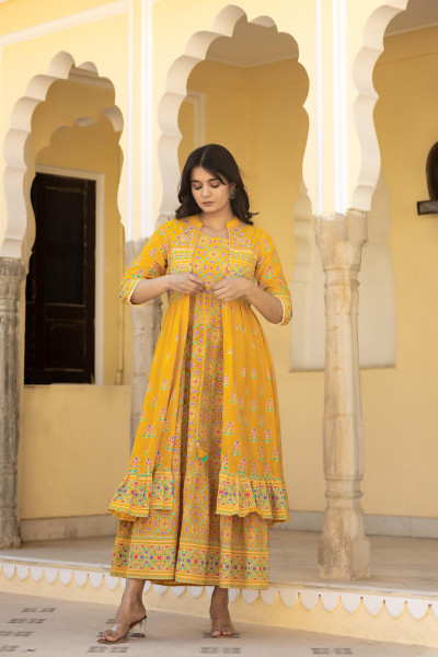 Mustard Ethnic Motif Printed Cotton Long Dress With Shrug