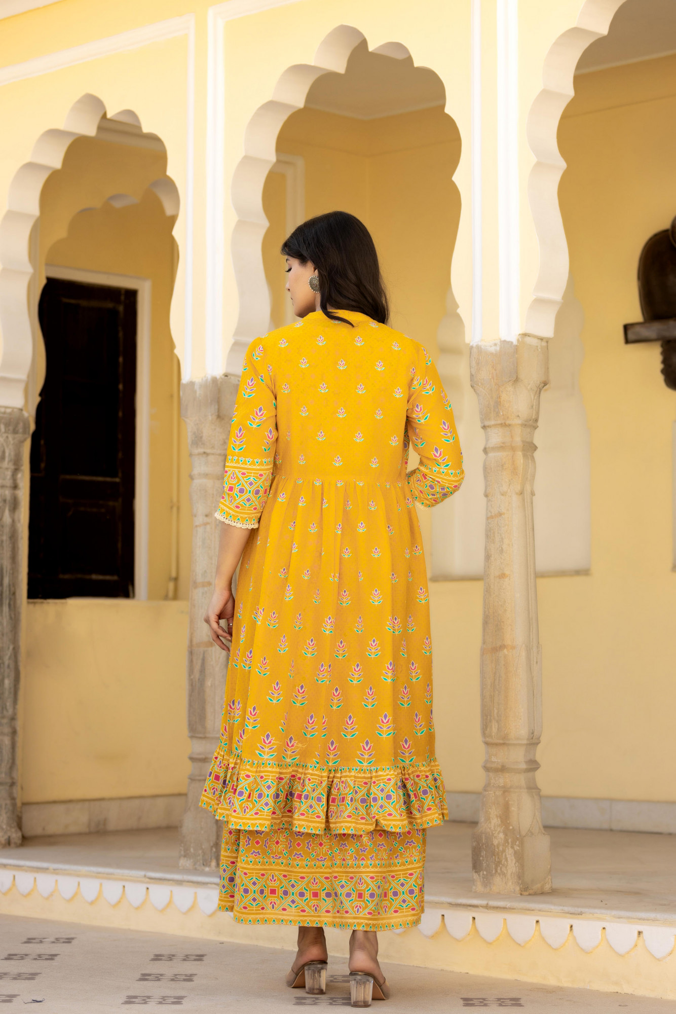 Mustard Ethnic Motif Printed Cotton Long Dress With Shrug