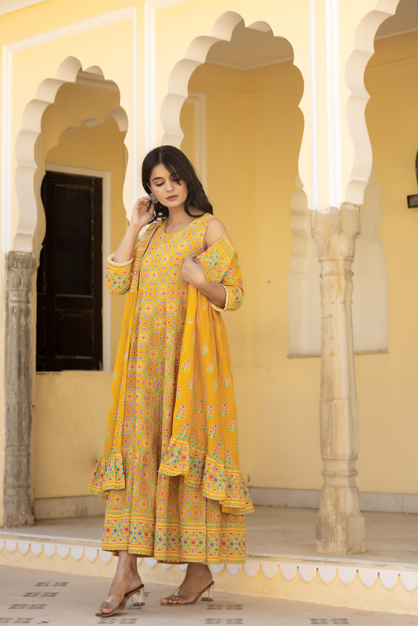 Mustard Ethnic Motif Printed Cotton Long Dress With Shrug