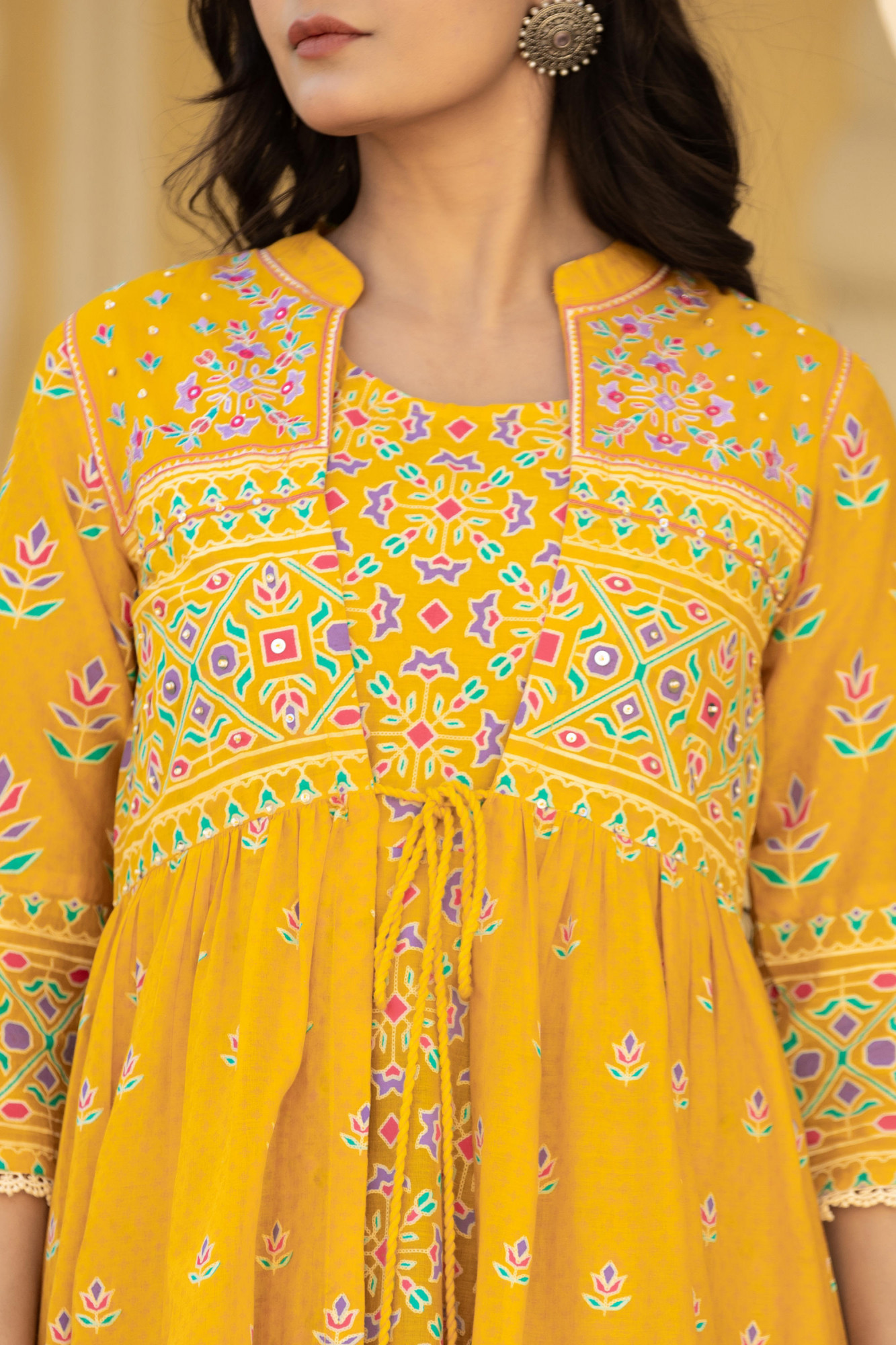 Mustard Ethnic Motif Printed Cotton Long Dress With Shrug