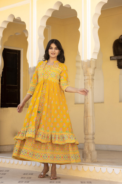 Mustard Ethnic Motif Printed Cotton Long Dress With Shrug