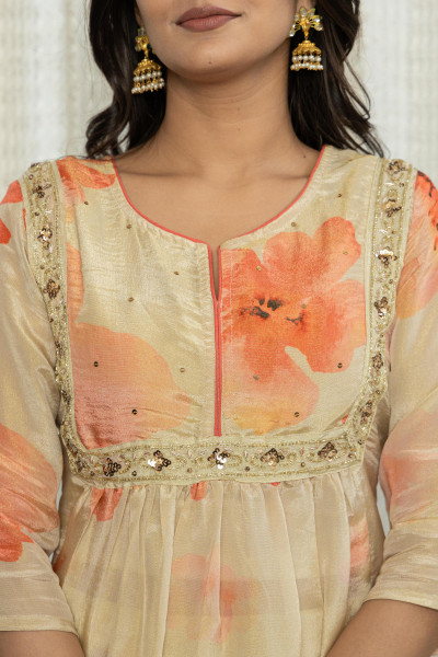 Off White Floral Printed Viscose Kurta Pant And Dupatta Set With Beads & Sequins