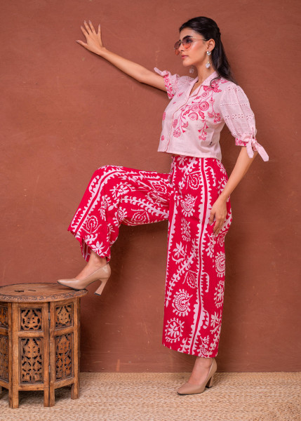 FuchsiaFloral Printed Cotton Co-Ord Set With Thread Work & Buttons