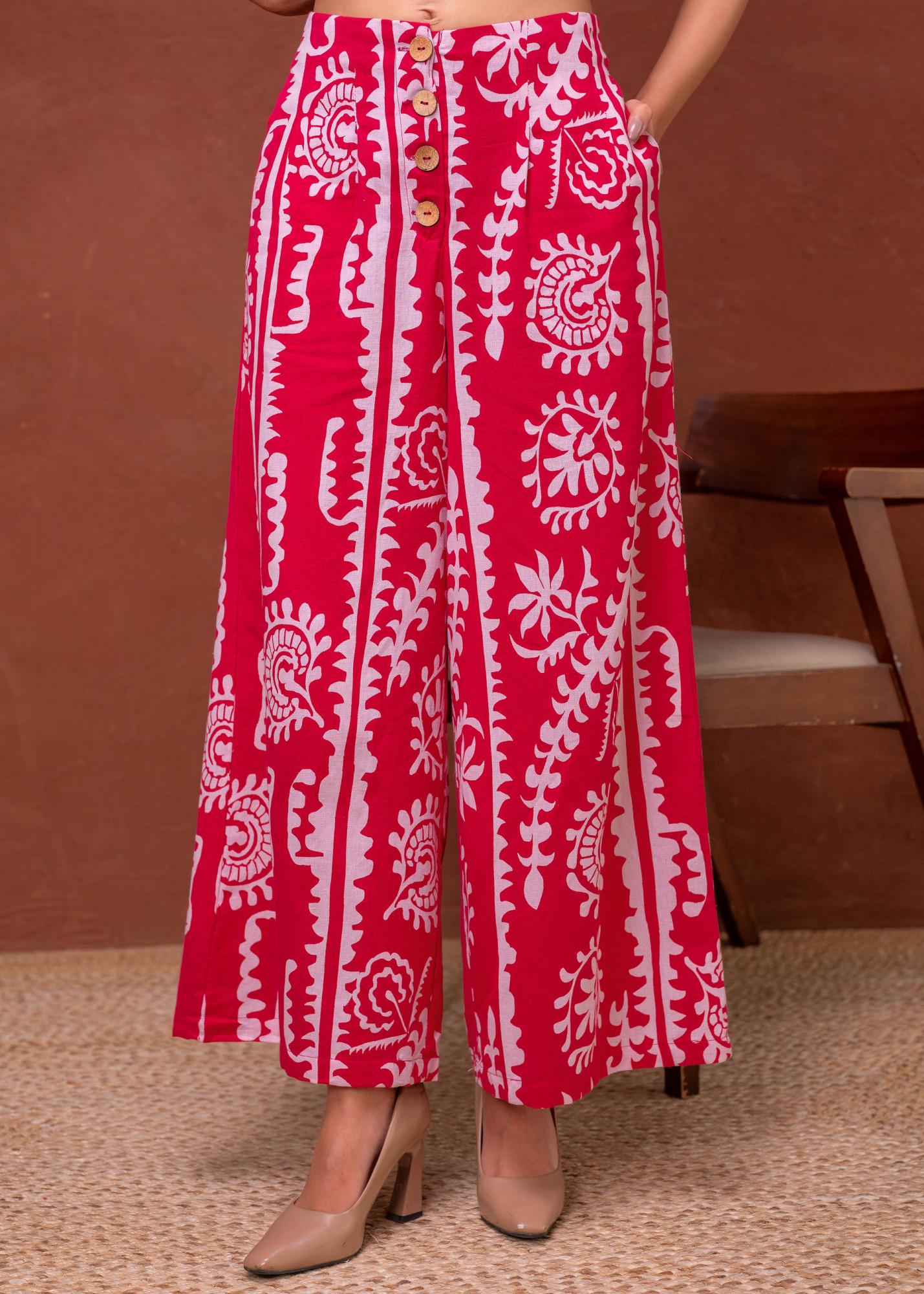 FuchsiaFloral Printed Cotton Co-Ord Set With Thread Work & Buttons
