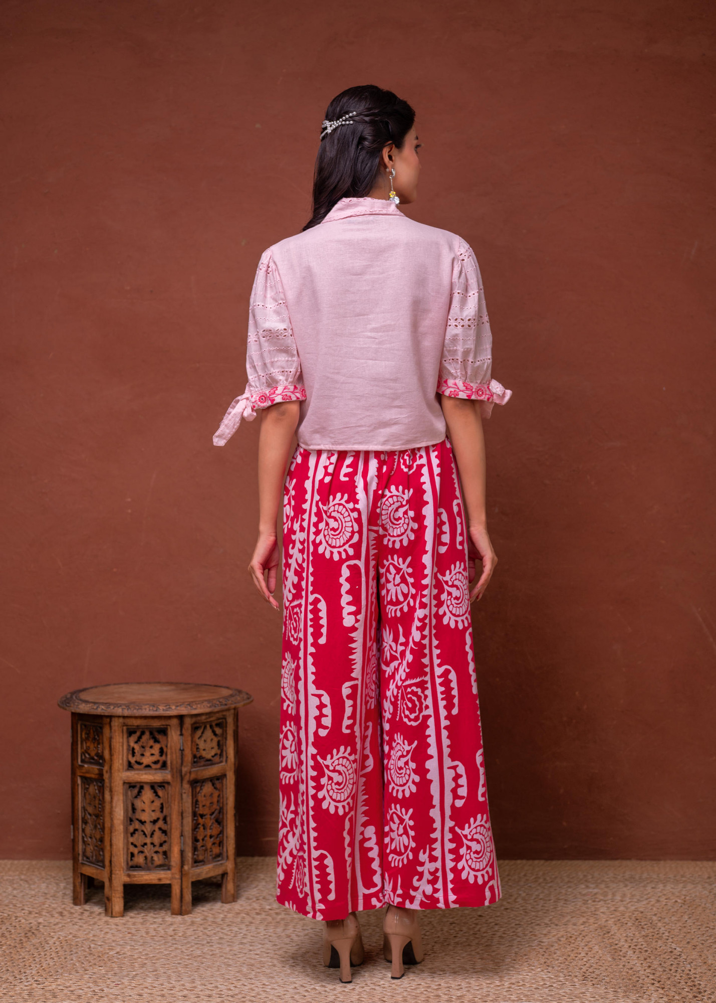 FuchsiaFloral Printed Cotton Co-Ord Set With Thread Work & Buttons