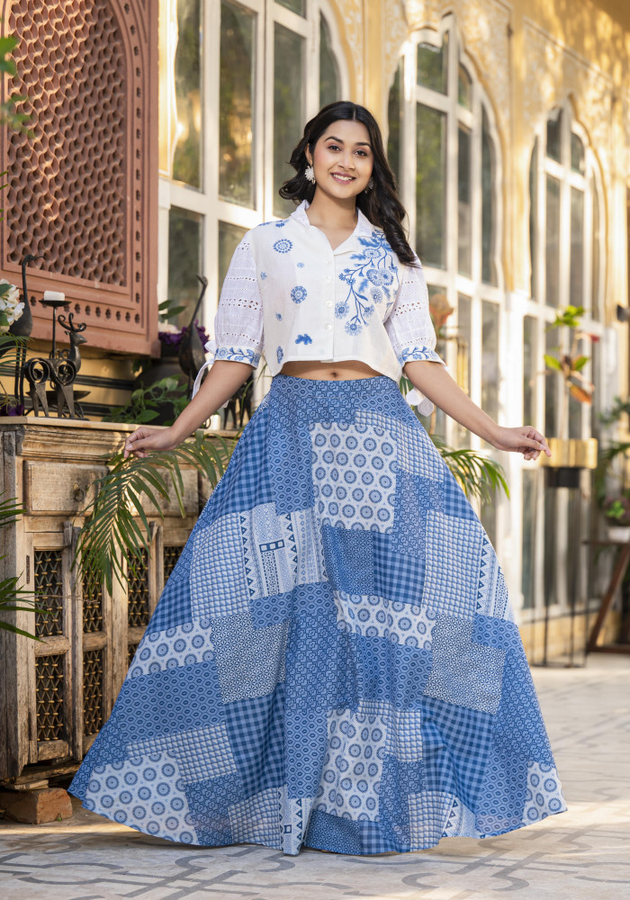 Blue Geometric Printed Cotton Top & Skirt With Thread Work