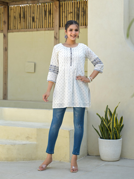 White Ethnic Motif Printed Cotton Tunic With Buttons