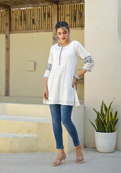 White Ethnic Motif Printed Cotton Tunic With Buttons
