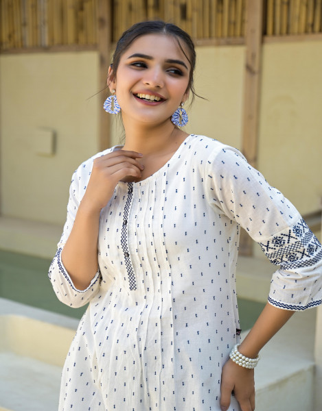 White Ethnic Motif Printed Cotton Tunic With Buttons