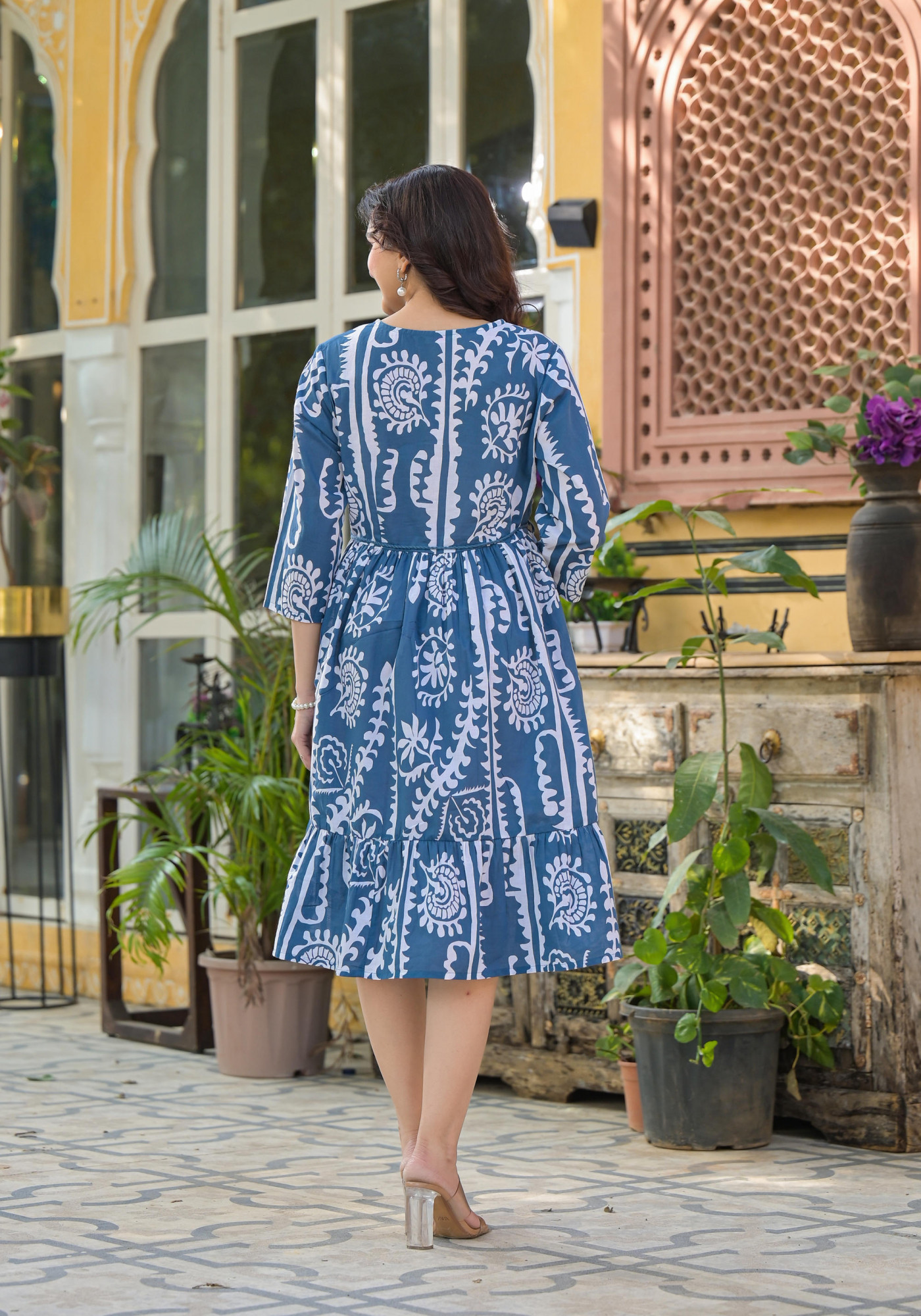 Indigo Abstract Printed Cotton Short Dress With Dori