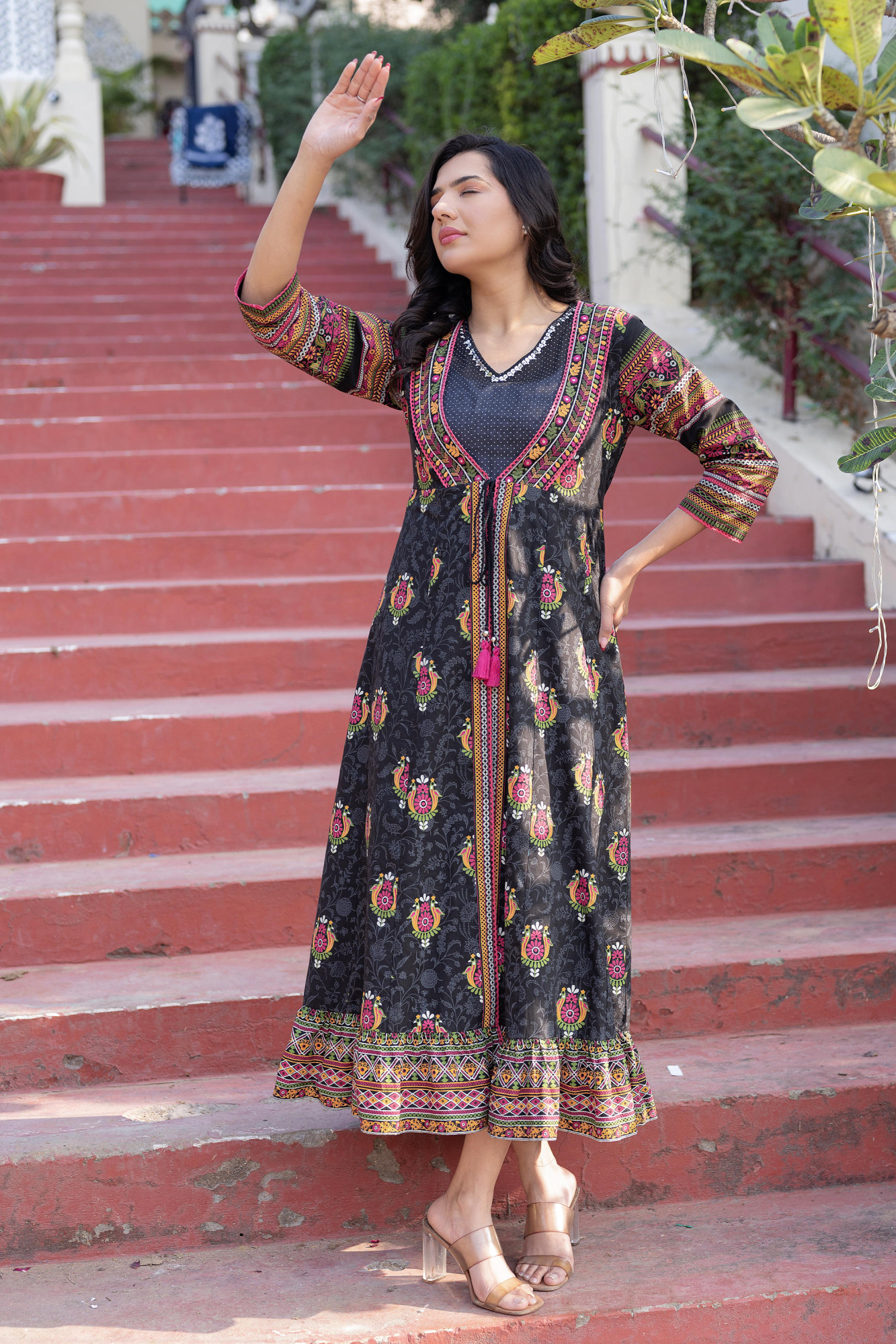 Black Kutch Printed Cotton Dress with Mirror Embroidery & Tassels