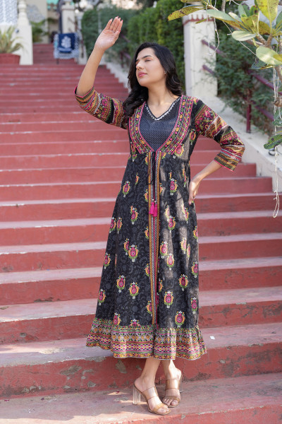 Black Kutch Printed Cotton Dress with Mirror Embroidery & Tassels
