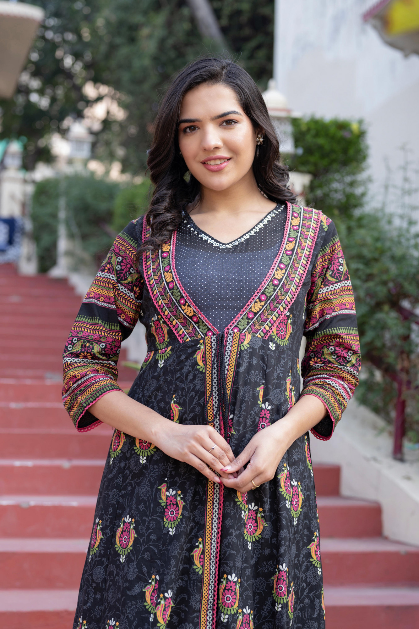 Black Kutch Printed Cotton Dress with Mirror Embroidery & Tassels