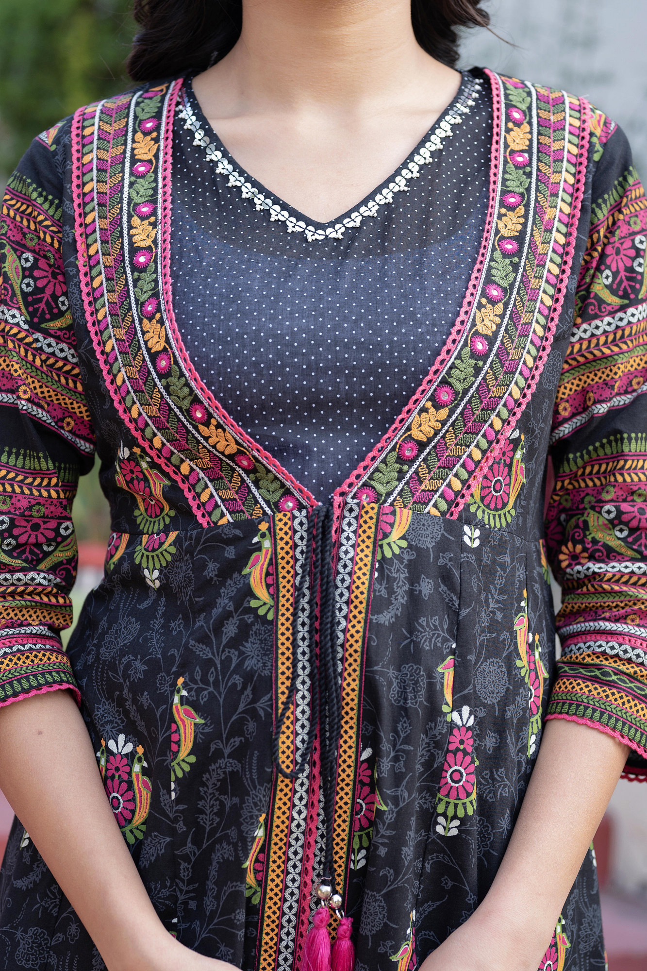 Black Kutch Printed Cotton Dress with Mirror Embroidery & Tassels