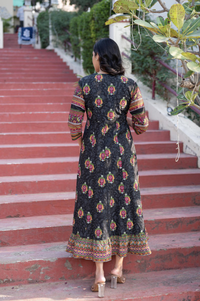 Black Kutch Printed Cotton Dress with Mirror Embroidery & Tassels