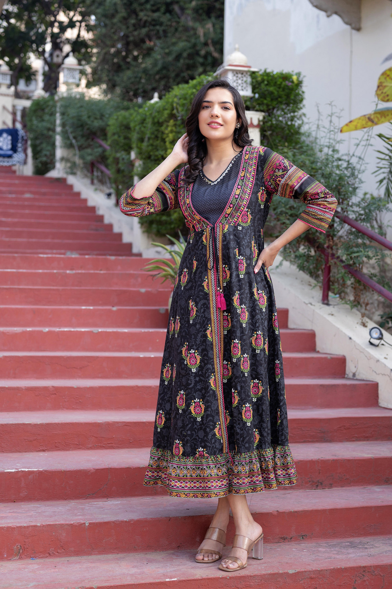 Black Kutch Printed Cotton Dress with Mirror Embroidery & Tassels
