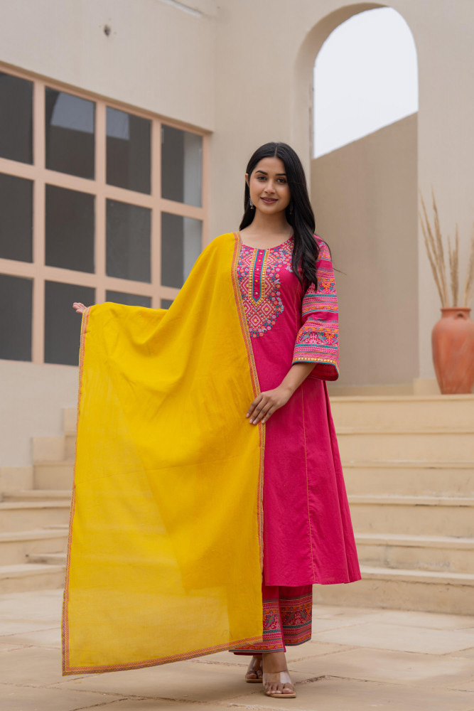 Fuchsia  Floral Printed Cotton Kurta Set With Thread &amp; Mirror Work