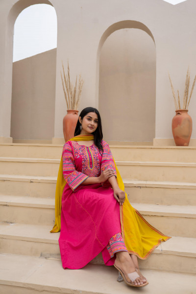 Fuchsia  Floral Printed Cotton Kurta Set With Thread & Mirror Work