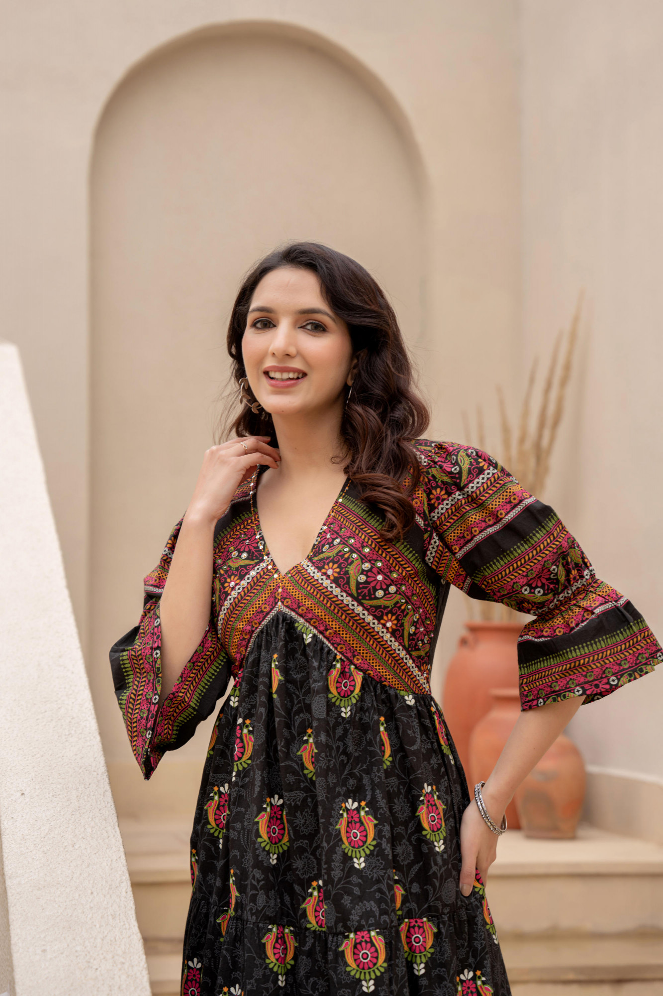 Black Floral Printed Cotton Short Dress With Sequins
