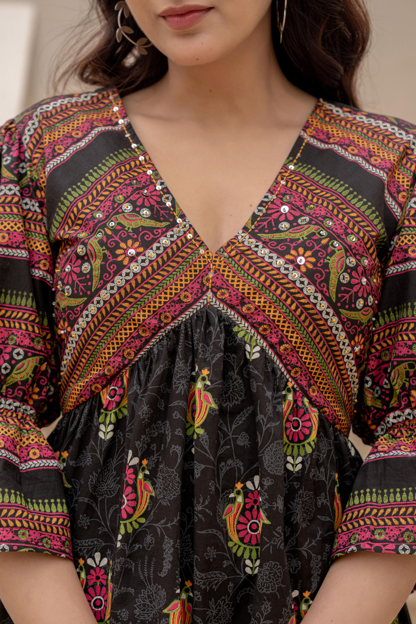 Black Floral Printed Cotton Short Dress With Sequins