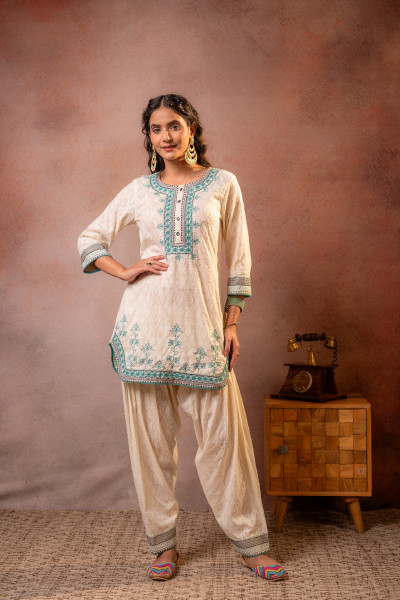 Off White &amp; Teal Cotton Kurta Patiala Salwar Set