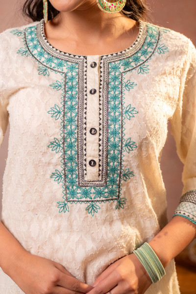 Off White & Teal Cotton Kurta Patiala Salwar Set