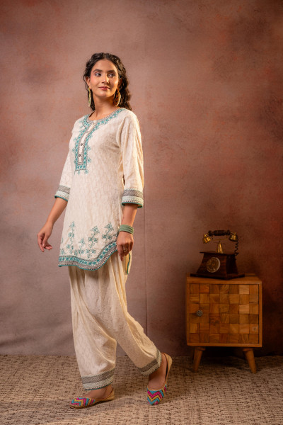 Off White & Teal Cotton Kurta Patiala Salwar Set