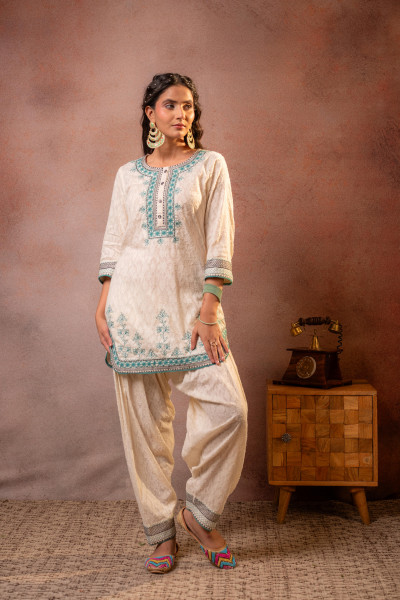 Off White & Teal Cotton Kurta Patiala Salwar Set